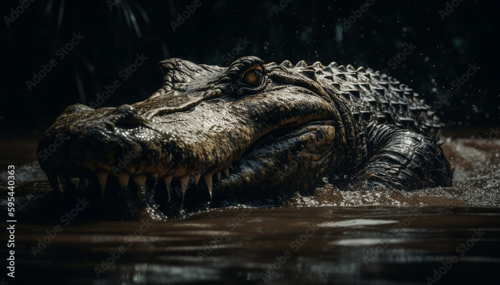 Naklejka premium Large crocodile open mouth reveals sharp teeth generative AI