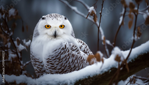 Eagle owl perching on snowy branch, watching generative AI © Jeronimo Ramos