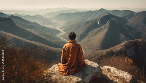 Meditating men find spirituality in mountain solitude generated by AI