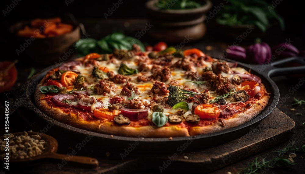 Freshly baked pizza on rustic wooden table generated by AI Freshly baked pizza on rustic wooden table generated by AI