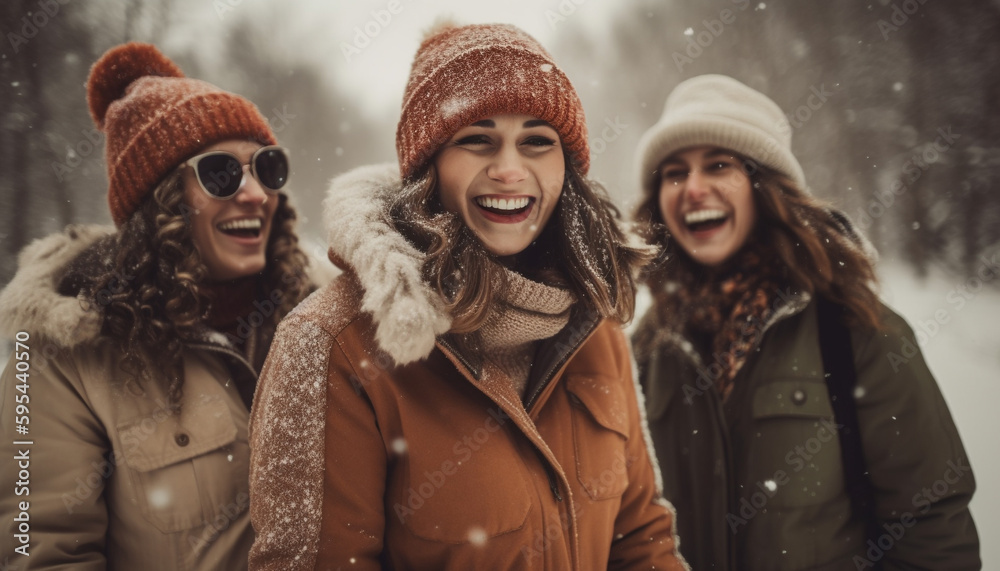 Smiling young adults enjoy winter snowy beauty generative AI