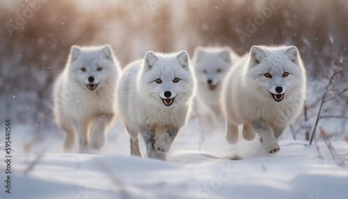 Playful Samoyed puppies running in the snow generative AI