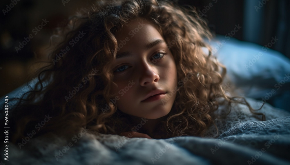 Young woman lying on bed, smiling happily generative AI Young woman lying on bed, smiling happily generative AI