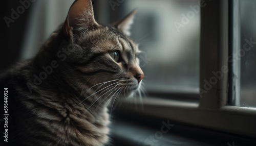 Cute kitten staring out window, nature beauty generative AI