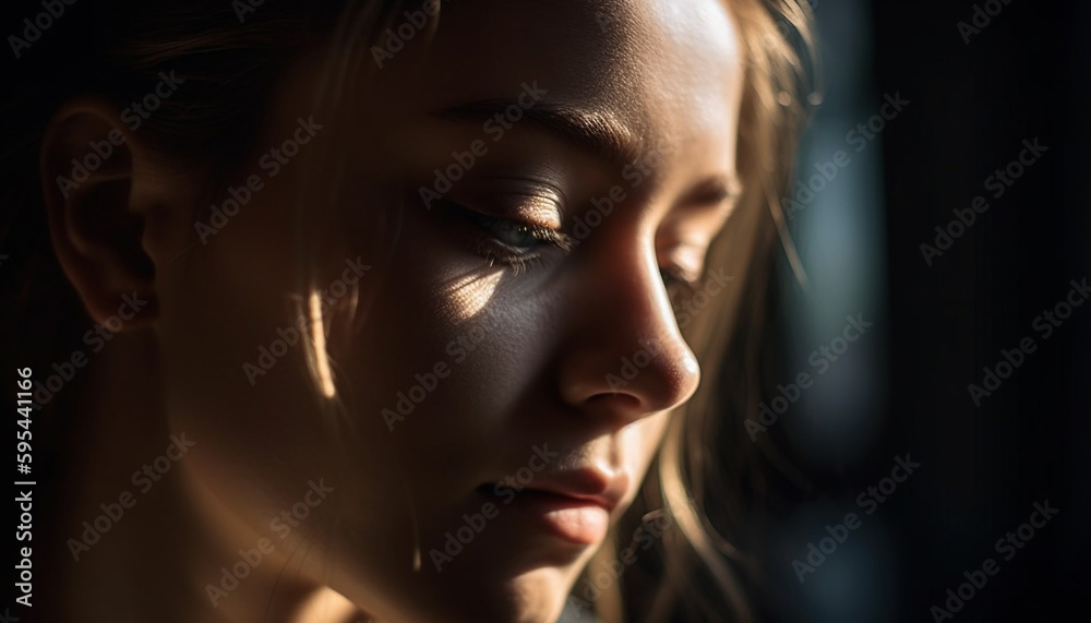 Young adult woman with brown hair smiling outdoors generative AI