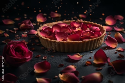 Pink rose on tart pan with scattered petals on brown with black background and red rose petals. Generative AI