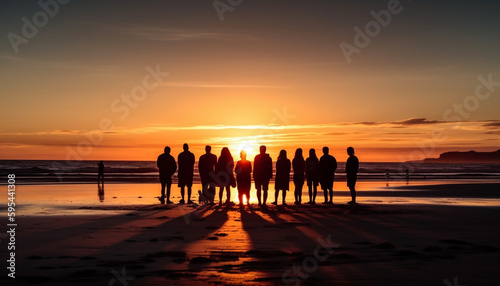 Silhouettes of family walking on beach at sunset generated by AI
