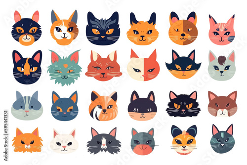 Cute cat head icon cartoon set in colorful flat illustration style on white background