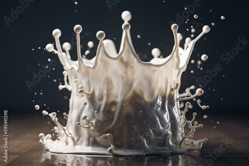 Illustration of a splash made by a crown-shaped object dropping into milk. Generative AI