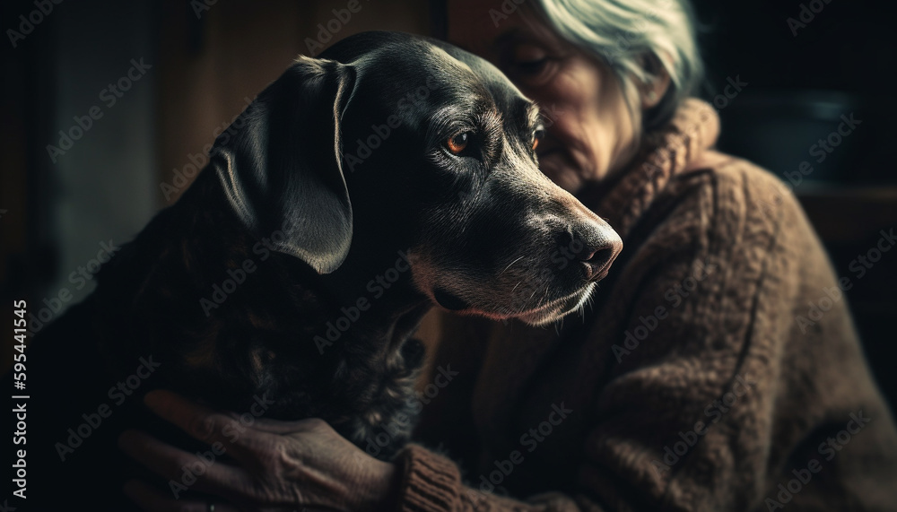 Caucasian woman embraces cute purebred retriever puppy indoors generated by AI