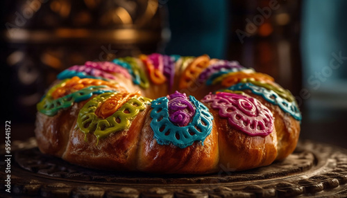 Baked pastry item with icing and candy decoration generated by AI