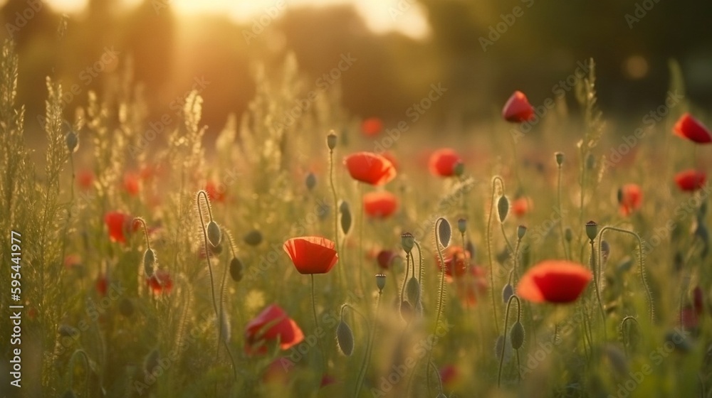 Fototapeta premium As the sun's rays begin to fade, the poppy meadow radiates a poignant beauty, honoring the significance of the flower on Memorial Day, Anzac Day in New Zealand, Australia, Canada, and the United Kingd