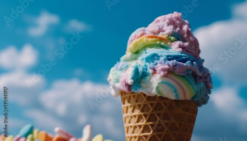 Rainbow ice cream cone, a childhood indulgence generated by AI