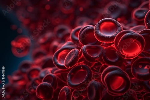 red blood cells floating into the blood flow, hyperrealistic microscope photography, generative AI
