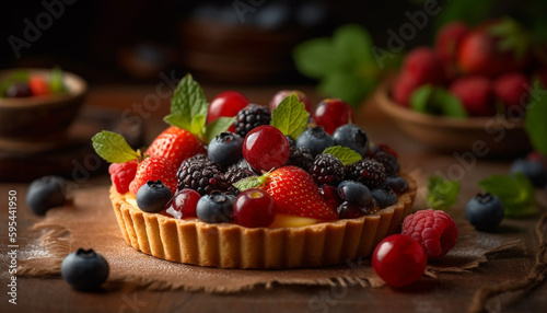 Sweet berry tart on rustic wooden plate generated by AI