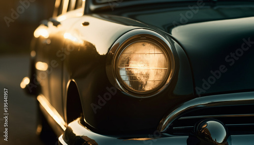 Vintage car chrome grille shines in city lights generated by AI