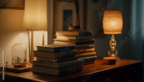 Antique bookshelf illuminates old fashioned literature collection indoors generated by AI
