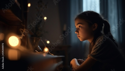 Cute girl sitting by window, illuminated by Christmas lights generated by AI