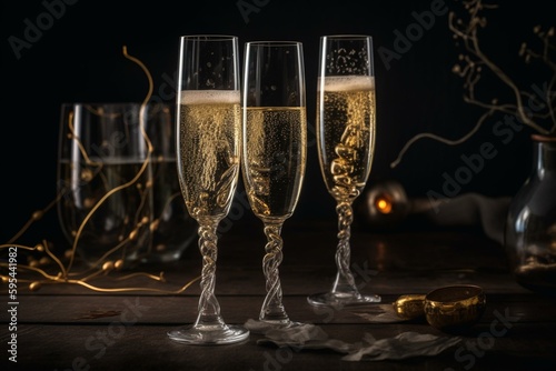 Champagne flutes with bubbles and gold border on black table. Generative AI photo