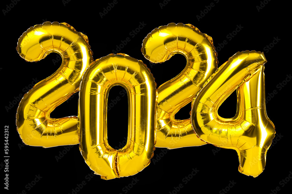 New Year 2024 celebration. Golden Yellow foil color balloons. 2024