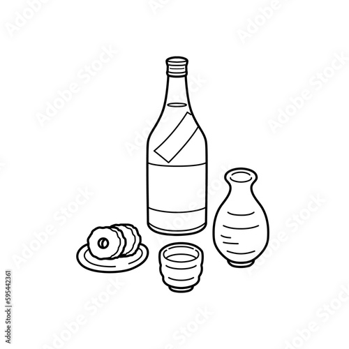 日本酒と野焼きかまぼこのイラスト（線画）