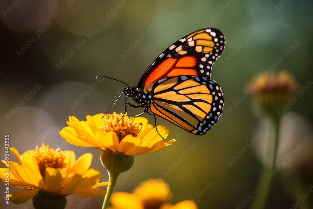 Close up of an Orange monarch butterfly on yellow flower with a bokeh background - Generative AI