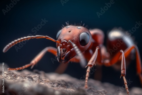 Close up of a red ant walking on dirt ground - Generative AI