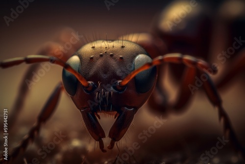 Close up of an ant at dusk on the ground - Generative AI © Chris