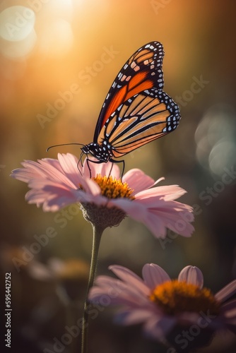 Close up of an Orange monarch butterfly on pink and yellow flower with a bokeh background - Generative AI
