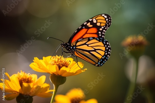 Close up of an Orange monarch butterfly on yellow flower with a bokeh background - Generative AI © Chris