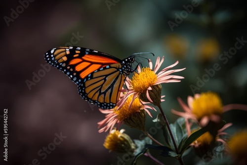 Close up of an Orange monarch butterfly on  pink and yellow flower with a bokeh background - Generative AI © Chris