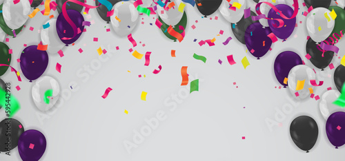 balloons and confetti on white background with copy space.