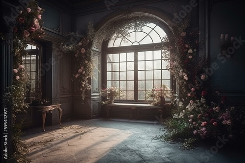 A room with an arch  window and floral decorations. Generative AI
