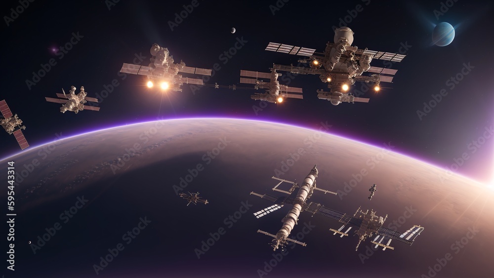 A Radiant View Of A Satellite With A Moon In The Background AI Generative A Radiant View Of A Satellite With A Moon In The Background AI Generative