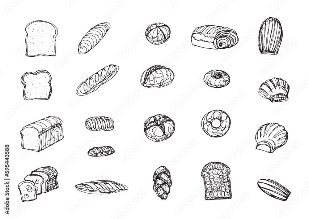 Collection of bread drawing isolated on white background, bake shop menu item ink doodle outline illustration, minimal bread and dough sketchy style vector illustration, pastry shop menu outline icon