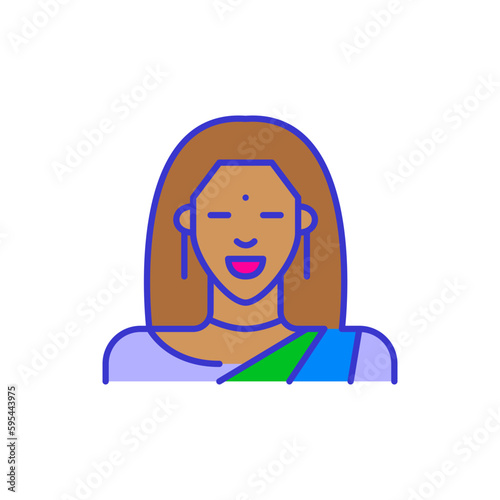 Fototapeta Naklejka Na Ścianę i Meble -  Indian woman wearing traditional sari. Bold color cartoon style simplistic minimalistic icon for marketing and branding line design