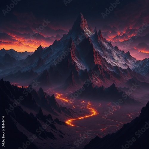 desecrated fantasy landscape with wide open land and a vast fiery mountain range, vivid colors, 8k, diffused soft lighting, sharp focus, hyperrealism, created with Generative AI photo