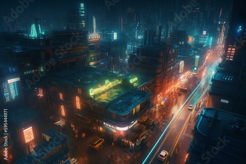 Vibrant futuristic metropolis with illuminated architecture and roads. Generative AI