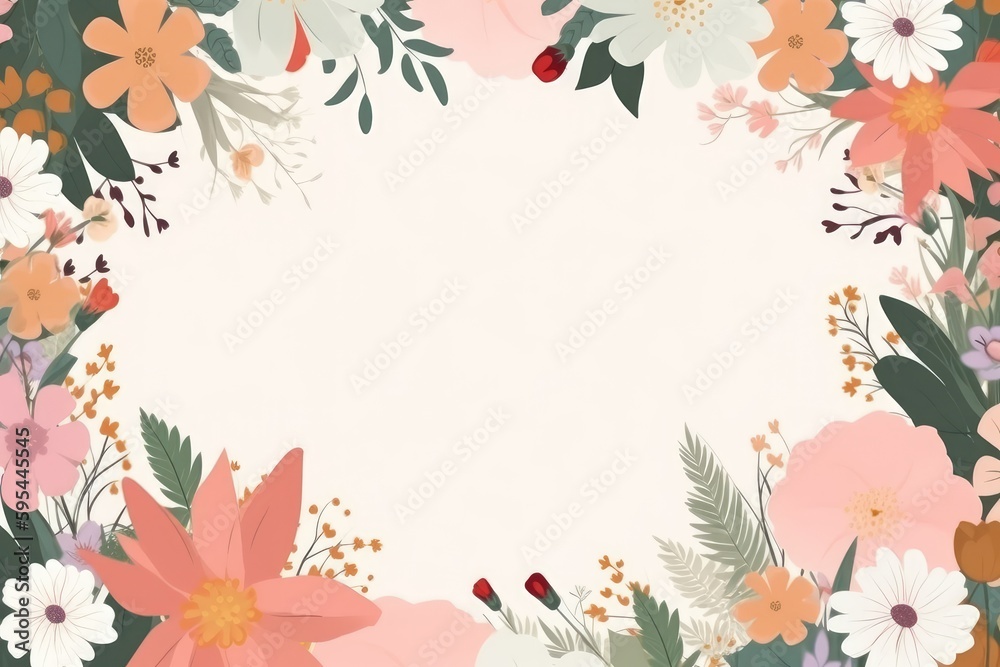 Beautiful spring flowers floral border frame with copy space for text, AI generated