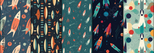 The Shameless spaceship background pattern set design.Shameless Rocket pattern design set. colorful blue color spaceship rocket background pattern. Textile fabric spaceship rocket pattern. 