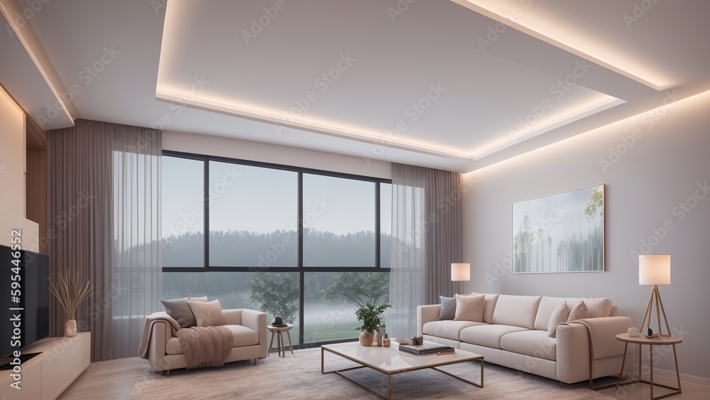 Fototapeta premium A Vivid Rendering Of A Living Room With A Large Window AI Generative