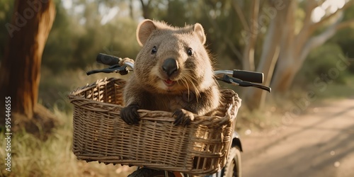 wombat have fun bicycle ride on sunshine day in summer on town street photo