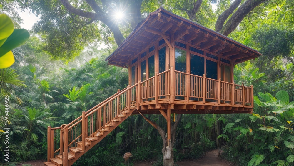 A Tasteful Tree House With A Wooden Staircase Leading To A Deck AI Generative