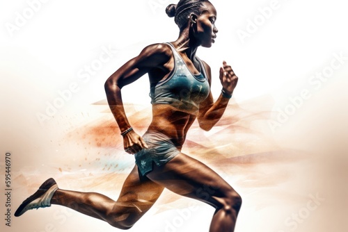 Heroic double exposure photo of a well trained runner speedy running. Generative AI AIG19. photo