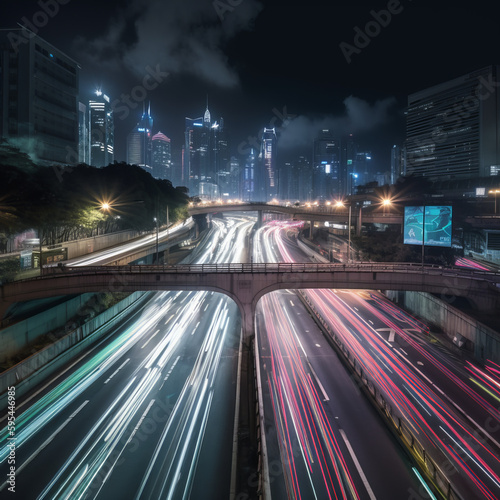 light painting photograph that captures the beauty of a bustling road system at night.