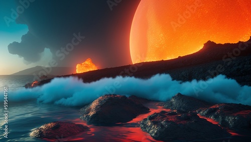 A Dreamy Scene Of A Red Planet With A Huge Orange Sun AI Generative © Cameron Schmidt