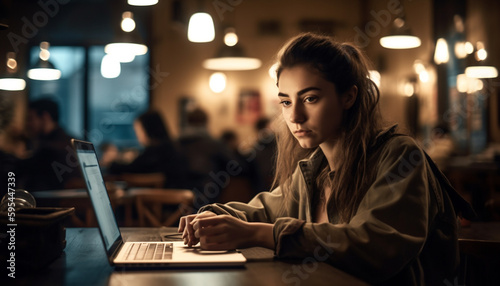 Young woman working on laptop in coffee shop generated by AI