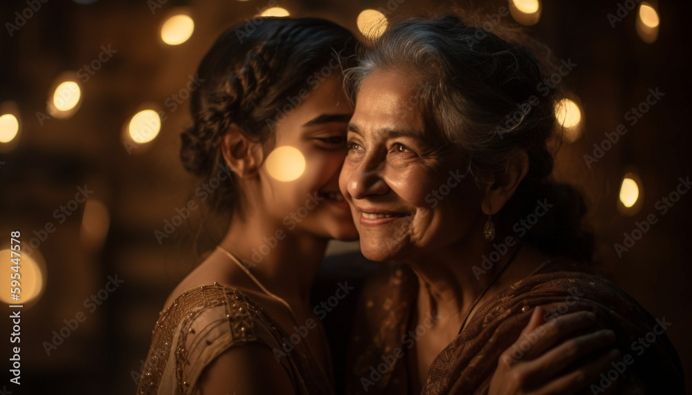 Smiling young women embracing in illuminated celebration generated by AI Smiling young women embracing in illuminated celebration generated by AI