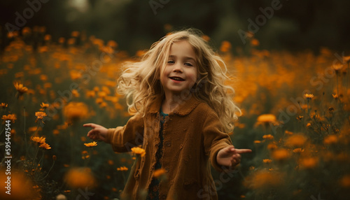 Cute blond girl playing in nature, smiling generated by AI