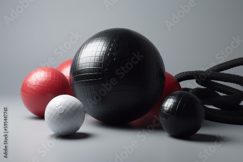 3D-rendered fitness ball and small weights on white background. Generative AI